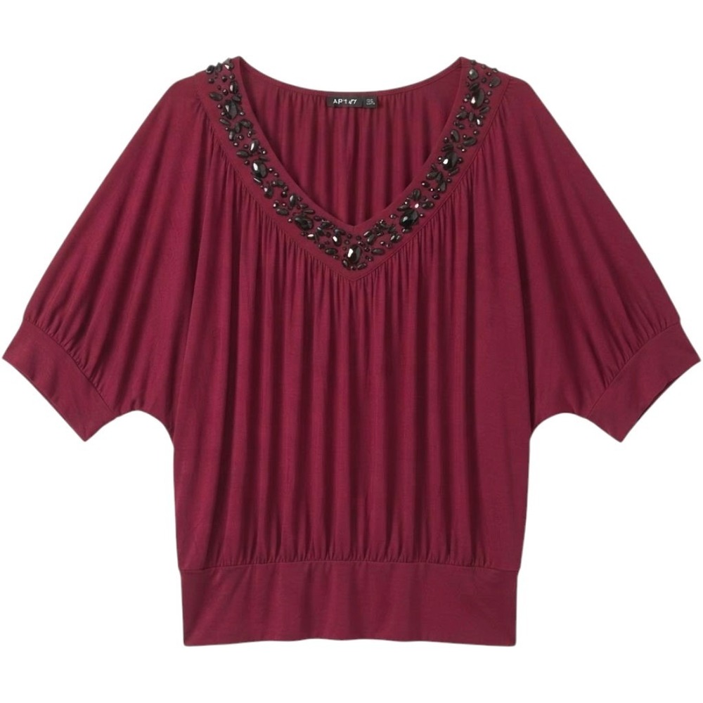 Apt. 9 Womens XL Burgundy Embellished V-Neck Blouse Wine Red Top Stylish